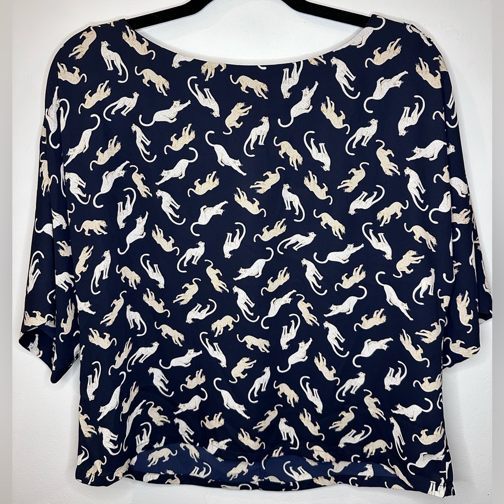 Ann Taylor Navy and Cream Animal Print Blouse NWT